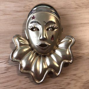 Vintage Pierrot Pantomime Clown Brooch Pin Goldtone Red Enamel Star & Teardrop